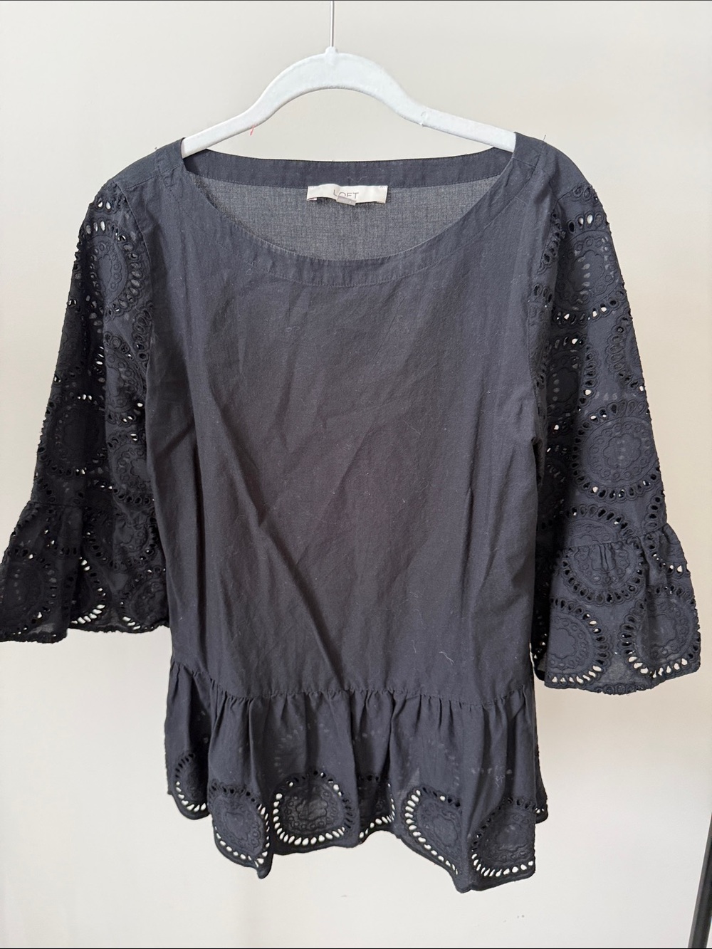 LOFT Black Eyelet Peplum Blouse with Bell Sleeves